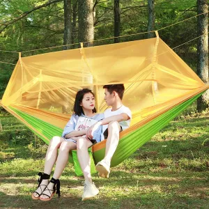 Hammock with Mosquito Net,Outdoor Double Camping Hammock,Lightweight Nylon Parachute Hammocks for Hiking Travel Beach Yellow 260x140cm