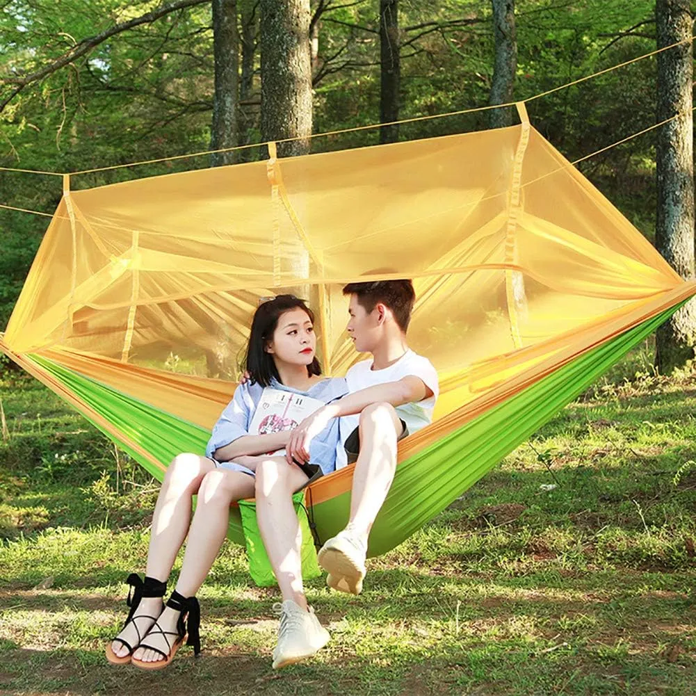 Hammock with Mosquito Net,Outdoor Double Camping Hammock,Lightweight Nylon Parachute Hammocks for Hiking Travel Beach Yellow 260x140cm