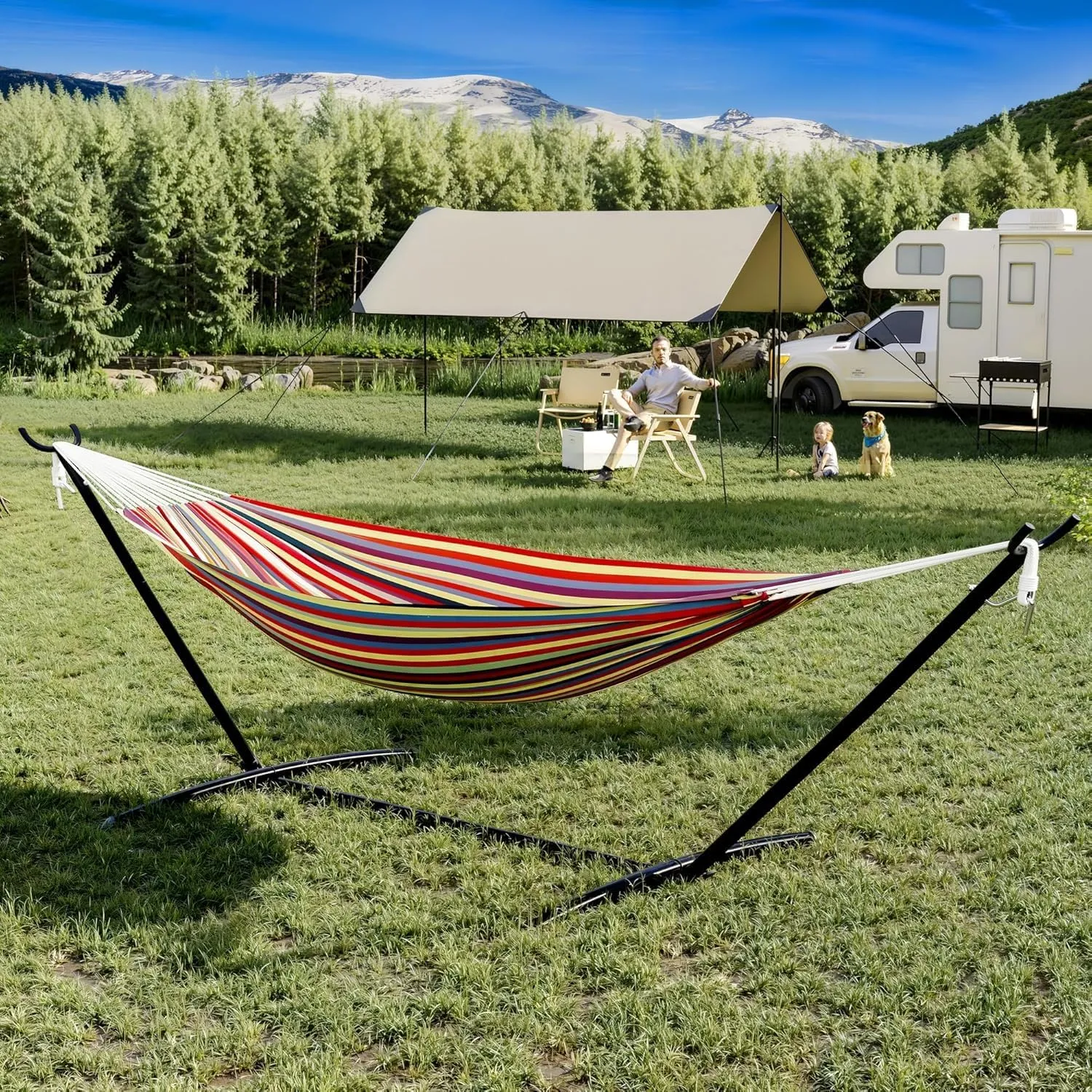 Hammock with Stand, 450lb Capacity, 2-Person Outdoor Portable Hammock with Waterproof Carry Bag for Beach Camping Backyard Patio, Easy Assembly Free Standing