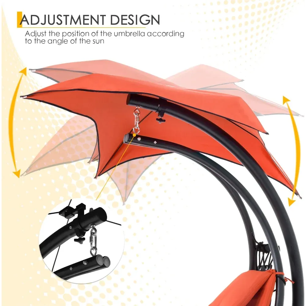 Hanging Hammock Chair with Canopy & Pillow – Adjustable Patio Swing Chair for Indoor/Outdoor Use, Foldable Arc Stand