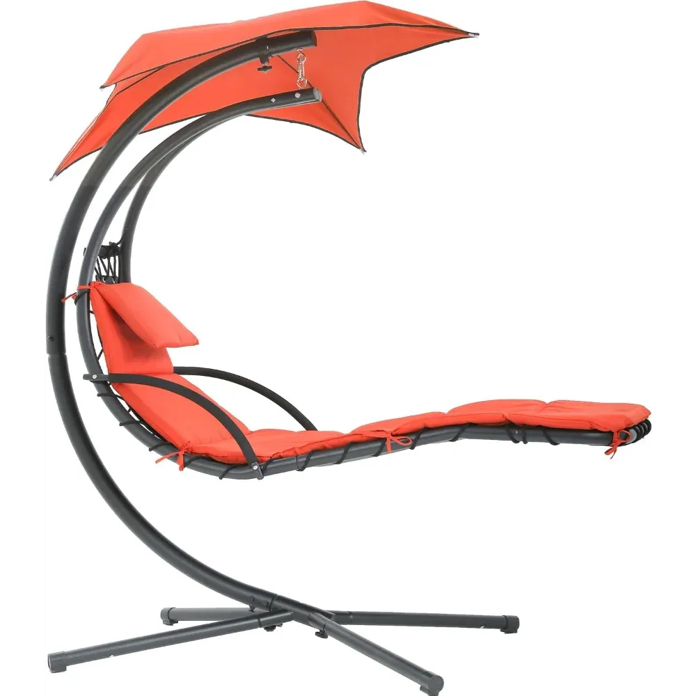 Hanging Hammock Chair with Canopy & Pillow – Adjustable Patio Swing Chair for Indoor/Outdoor Use, Foldable Arc Stand