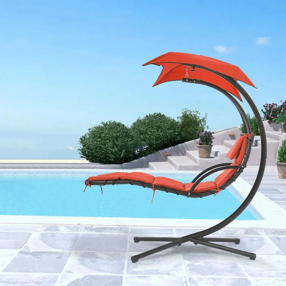 Hanging Hammock Chair with Canopy & Pillow – Adjustable Patio Swing Chair for Indoor/Outdoor Use, Foldable Arc Stand