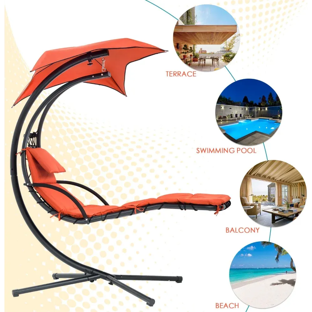 Hanging Hammock Chair with Canopy & Pillow – Adjustable Patio Swing Chair for Indoor/Outdoor Use, Foldable Arc Stand