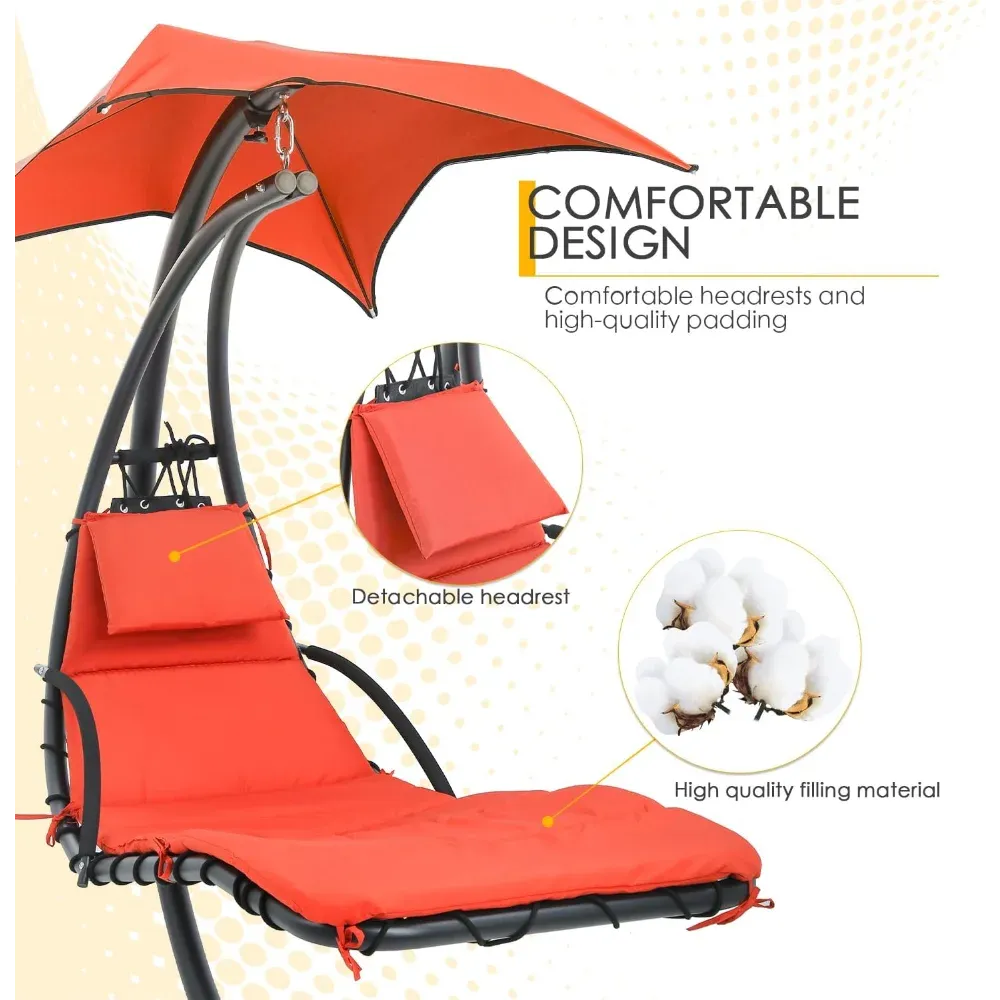 Hanging Hammock Chair with Canopy & Pillow – Adjustable Patio Swing Chair for Indoor/Outdoor Use, Foldable Arc Stand