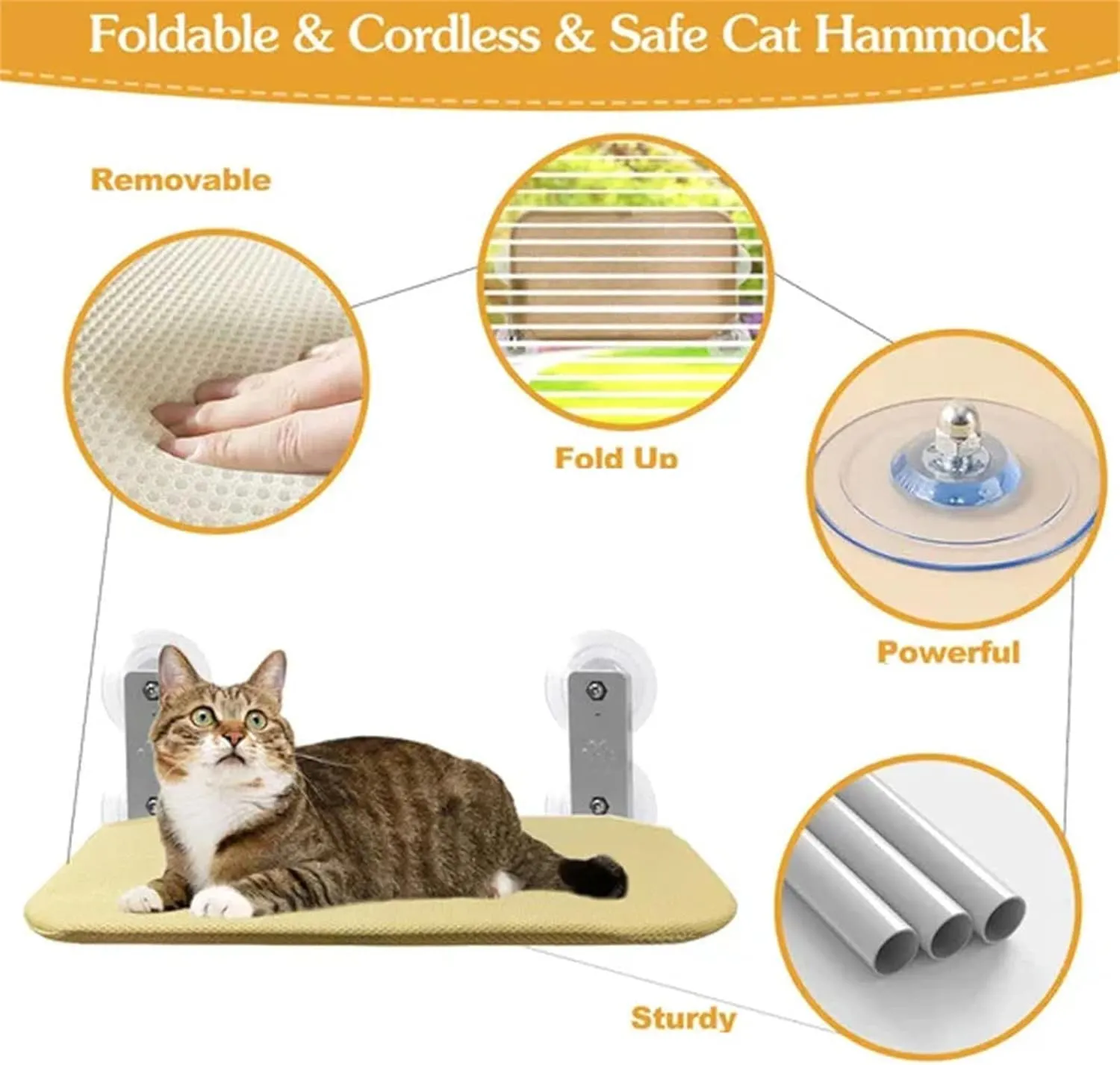 Hanging Pet Bed,Suction Cup Cat Bed, Foldable, Removable and Washable Pet Bed, Window Cat Hammock. (Khaki,Large)
