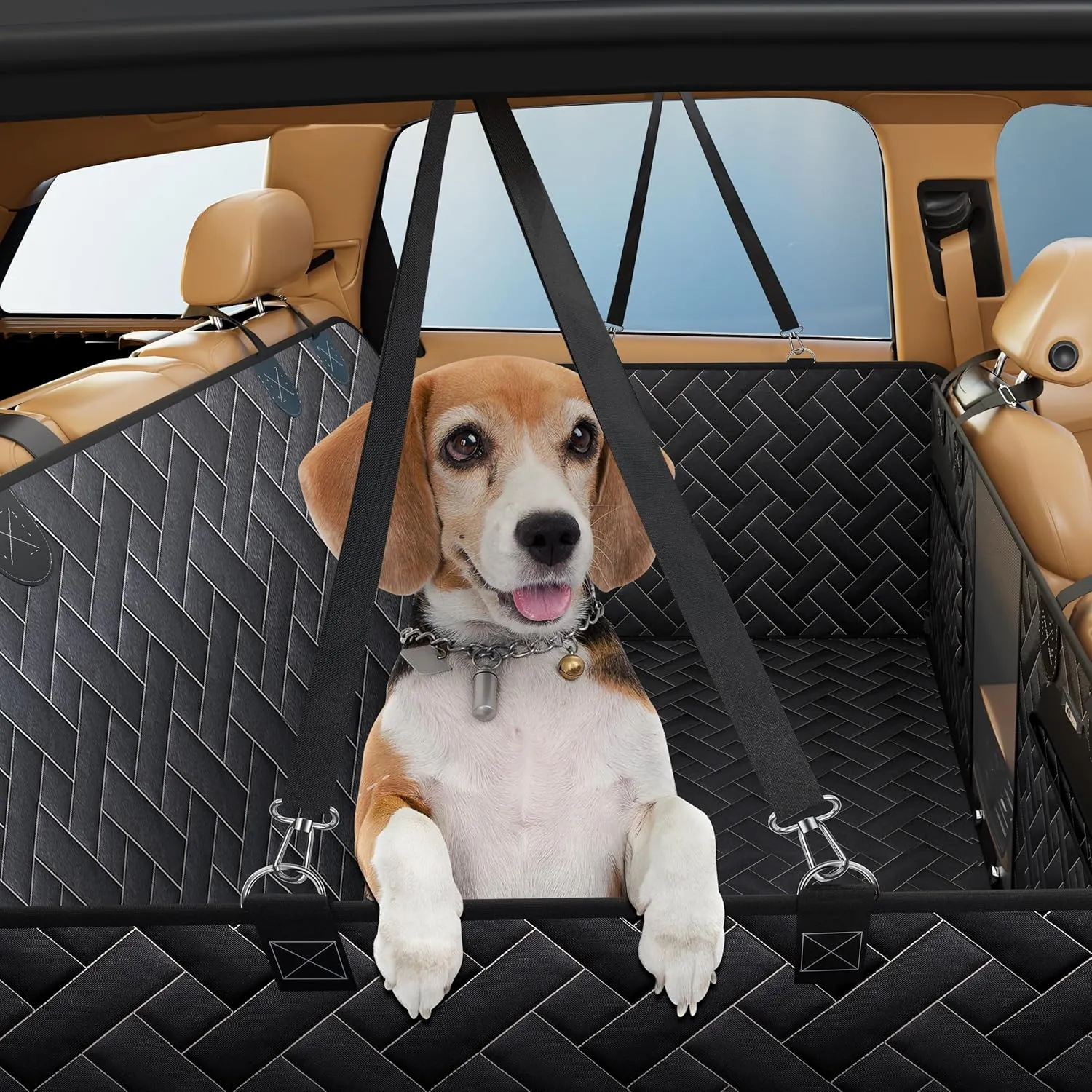 Hard Bottom Dog Car Seat Cover for Back Seat,Dog Car Travel Bed with Nonslip Waterproof Mesh Window,Sturdy Stable Foldable Hammock,Black