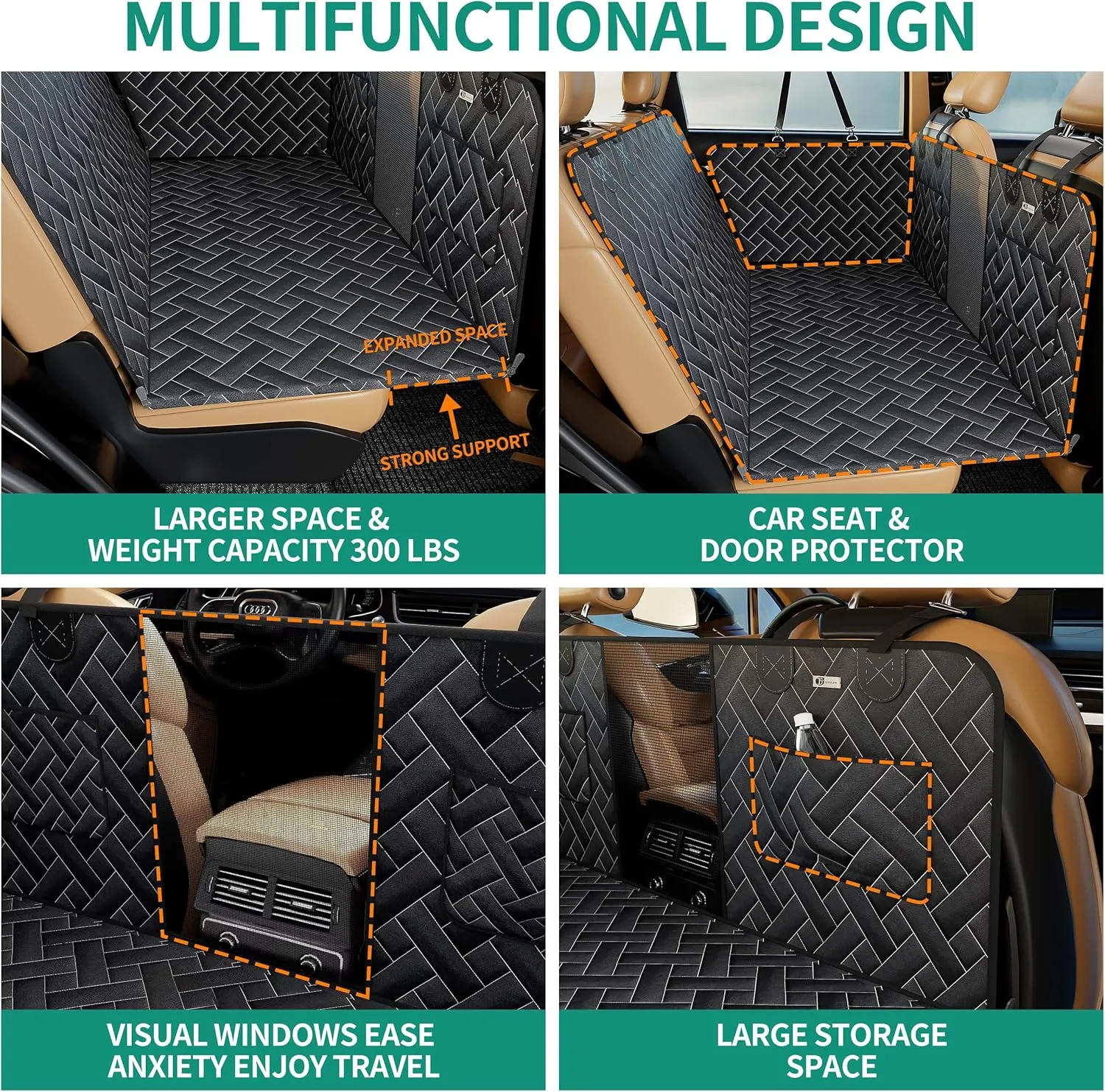 Hard Bottom Dog Car Seat Cover for Back Seat,Dog Car Travel Bed with Nonslip Waterproof Mesh Window,Sturdy Stable Foldable Hammock,Black