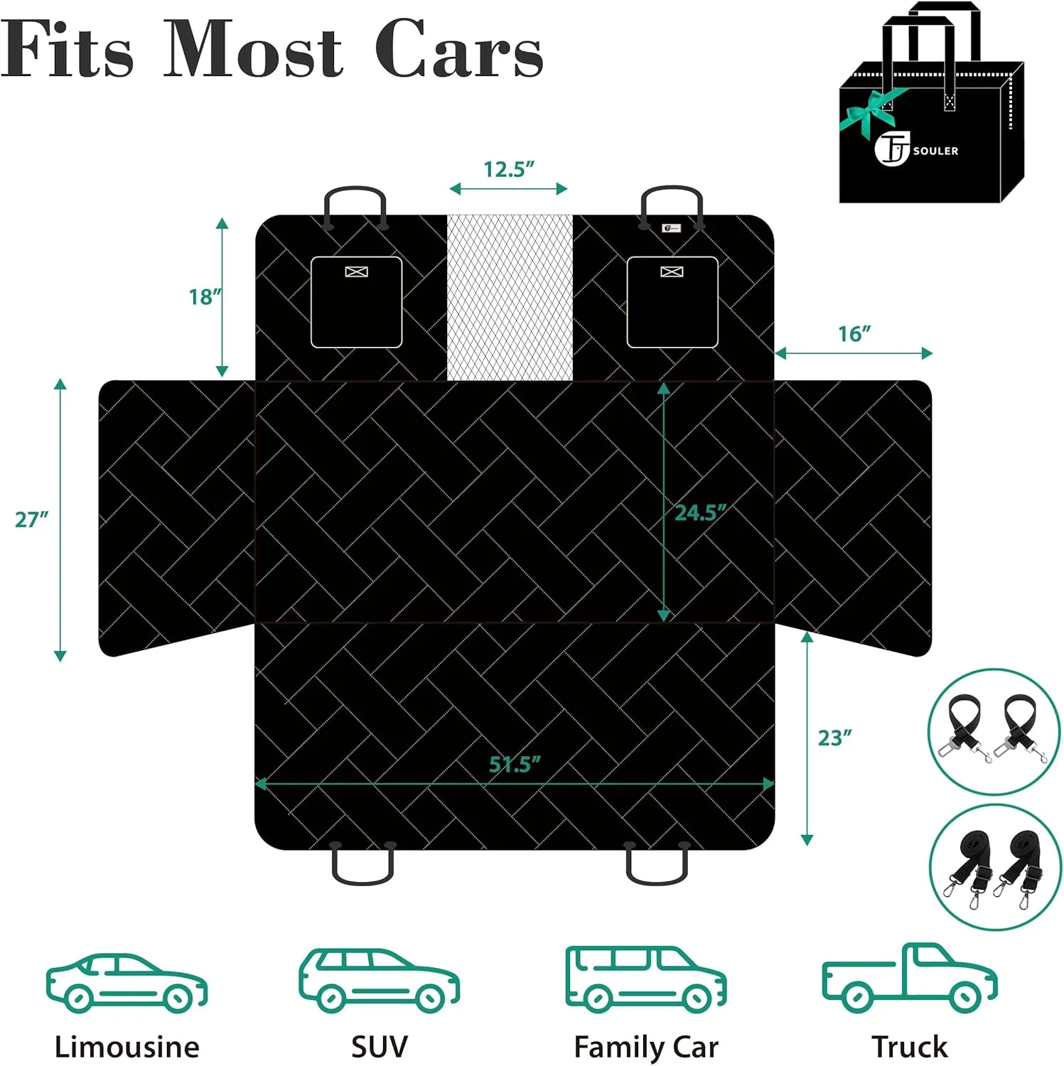 Hard Bottom Dog Car Seat Cover for Back Seat,Dog Car Travel Bed with Nonslip Waterproof Mesh Window,Sturdy Stable Foldable Hammock,Black