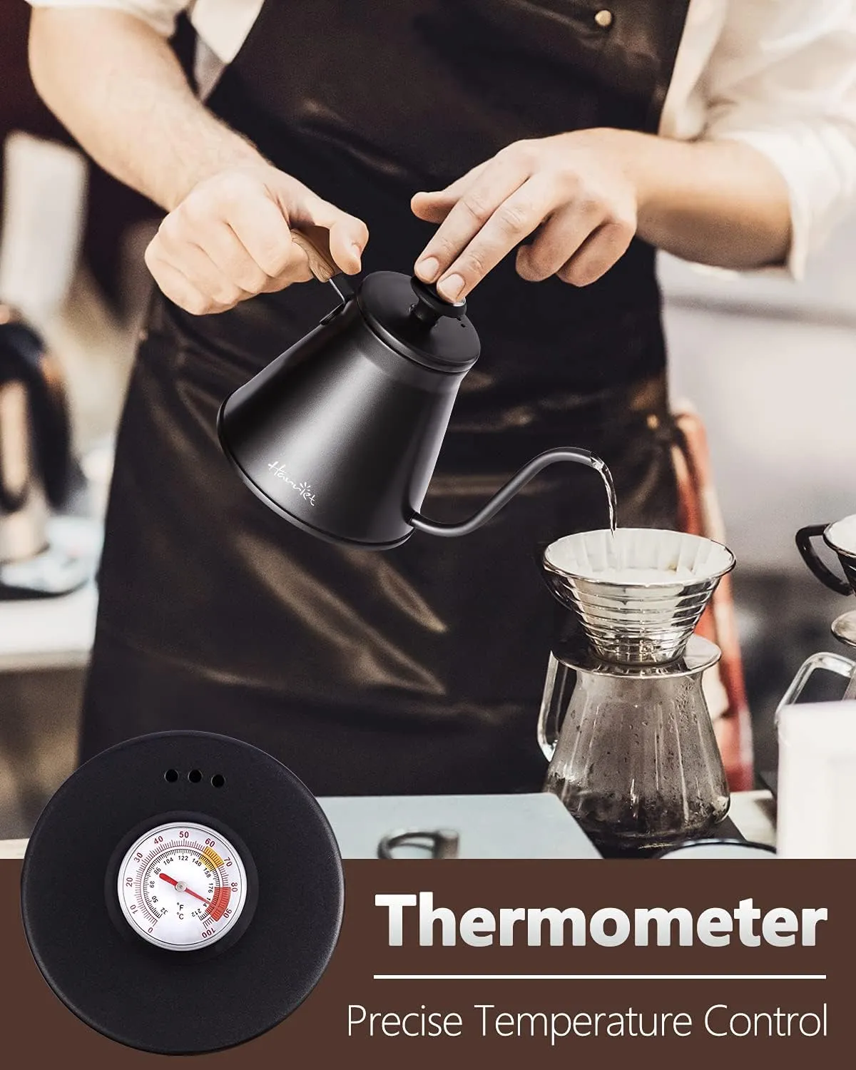 Harriet Gooseneck Kettle, 37oz Stainless Steel Pour Over Coffee Kettle with Built-in Thermometer, Anti-Hot Handle, Flow Spout Design For Drip Coffee & Tea, Black