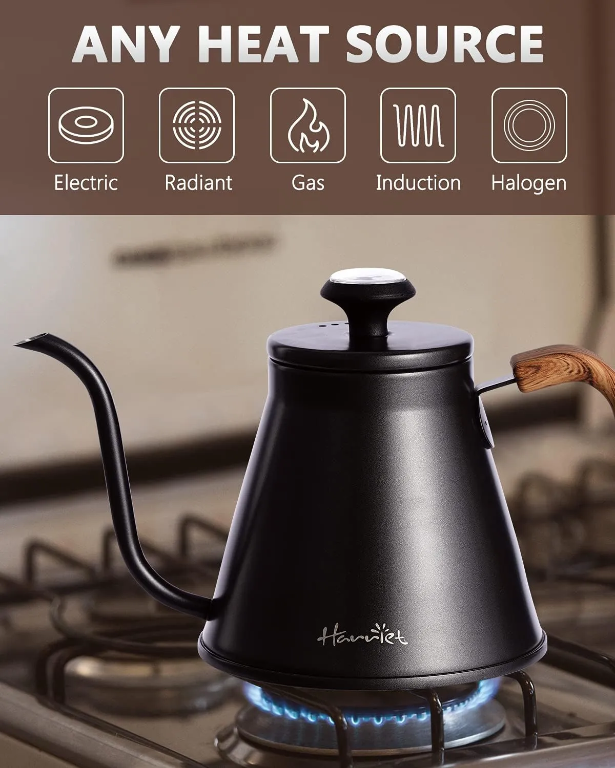 Harriet Gooseneck Kettle, 37oz Stainless Steel Pour Over Coffee Kettle with Built-in Thermometer, Anti-Hot Handle, Flow Spout Design For Drip Coffee & Tea, Black