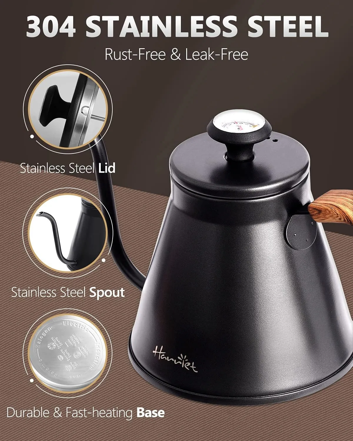 Harriet Gooseneck Kettle, 37oz Stainless Steel Pour Over Coffee Kettle with Built-in Thermometer, Anti-Hot Handle, Flow Spout Design For Drip Coffee & Tea, Black