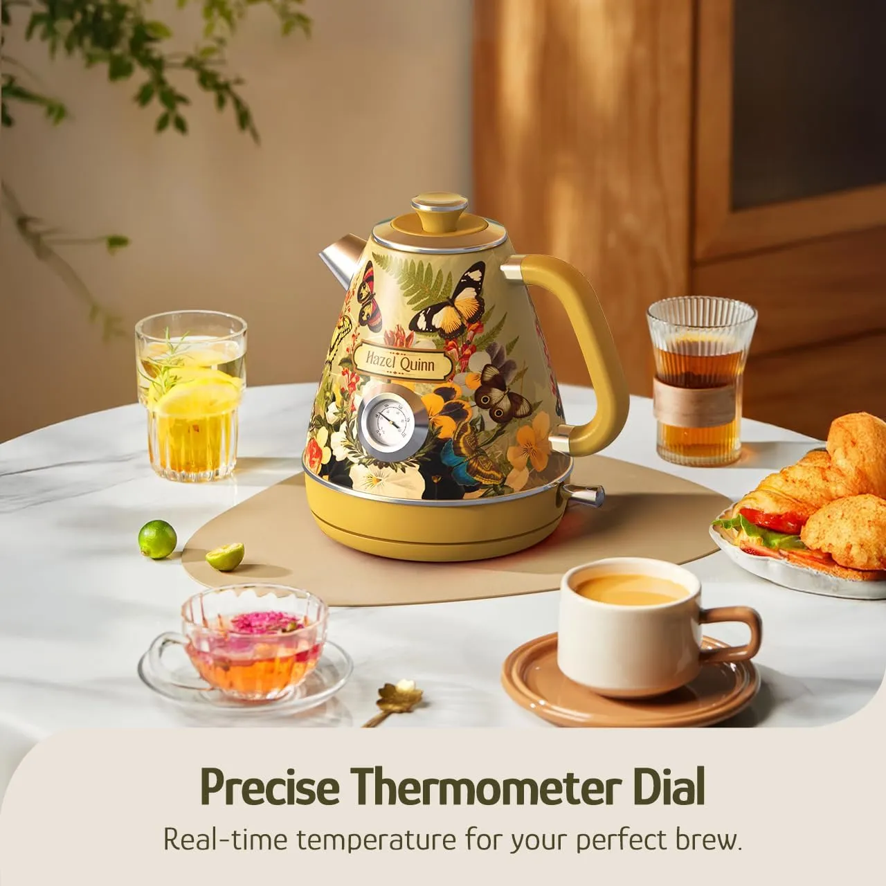 Hazel Quinn Retro Electric Kettle - 1.7L, 1200W Fast Boiling, All Stainless Steel Interior, Cordless, BPA-Free, Auto Shut-Off, Thermometer for Tea & Coffee - Floral Design by Artist Eduardo Recife