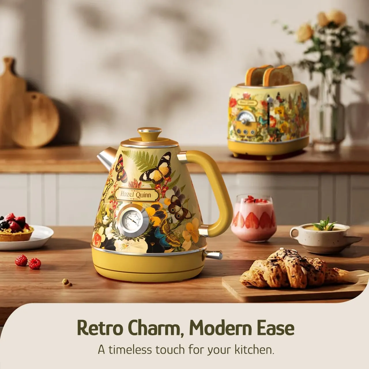 Hazel Quinn Retro Electric Kettle - 1.7L, 1200W Fast Boiling, All Stainless Steel Interior, Cordless, BPA-Free, Auto Shut-Off, Thermometer for Tea & Coffee - Floral Design by Artist Eduardo Recife
