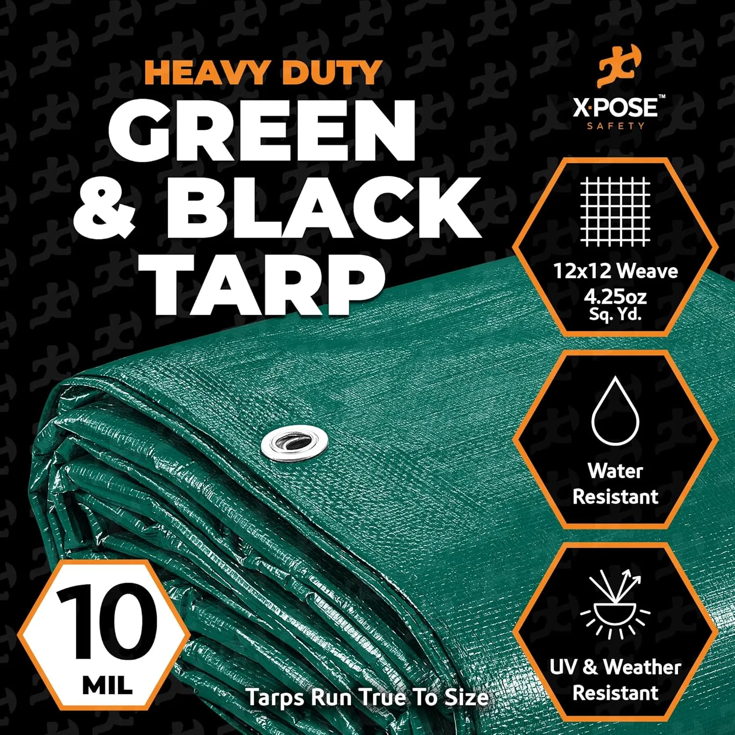 Heavy Duty Poly Tarp 100 Feet x 100 Feet 10 Mil Thick Waterproof, UV Blocking Protective Cover - Reversible Green and Black - Laminated Coating - Grommets - by Xpose Safety