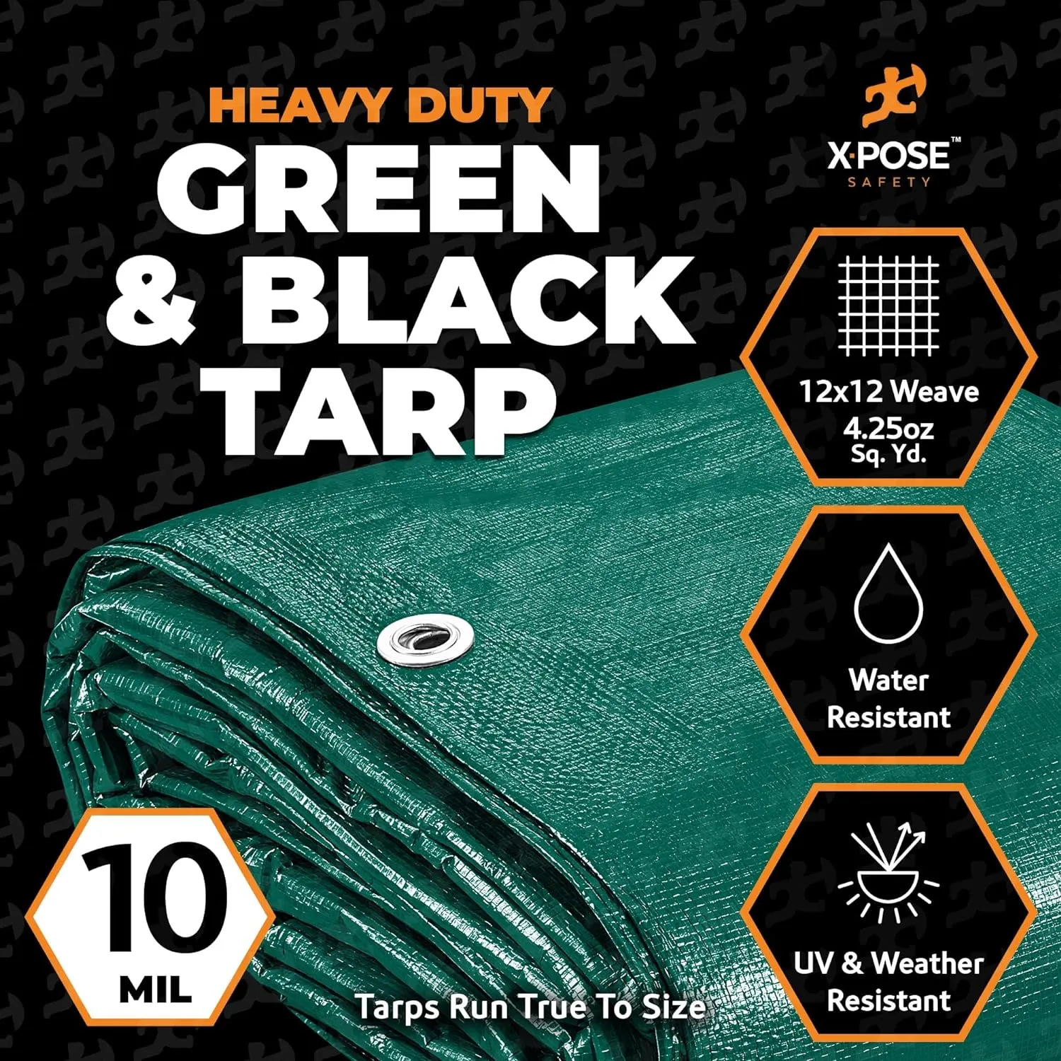 Heavy Duty Poly Tarp 12 Feet x 25 Feet 10 Mil Thick Waterproof, UV Blocking Protective Cover - Reversible Green and Black - Laminated Coating - Grommets - by Xpose Safety