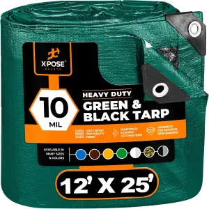 Heavy Duty Poly Tarp 12 Feet x 25 Feet 10 Mil Thick Waterproof, UV Blocking Protective Cover - Reversible Green and Black - Laminated Coating - Grommets - by Xpose Safety