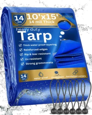 Heavy Duty Poly Tarp Cover 10’x15’FT, 14 Mil, 6 Bonus Ball Bungee - Large, Tarps Waterproof, Strong Grommets, Multipurpose, UV & Tear Resistant, Reinforced Edges Outdoor, Camping, Pool, Car (Blue)