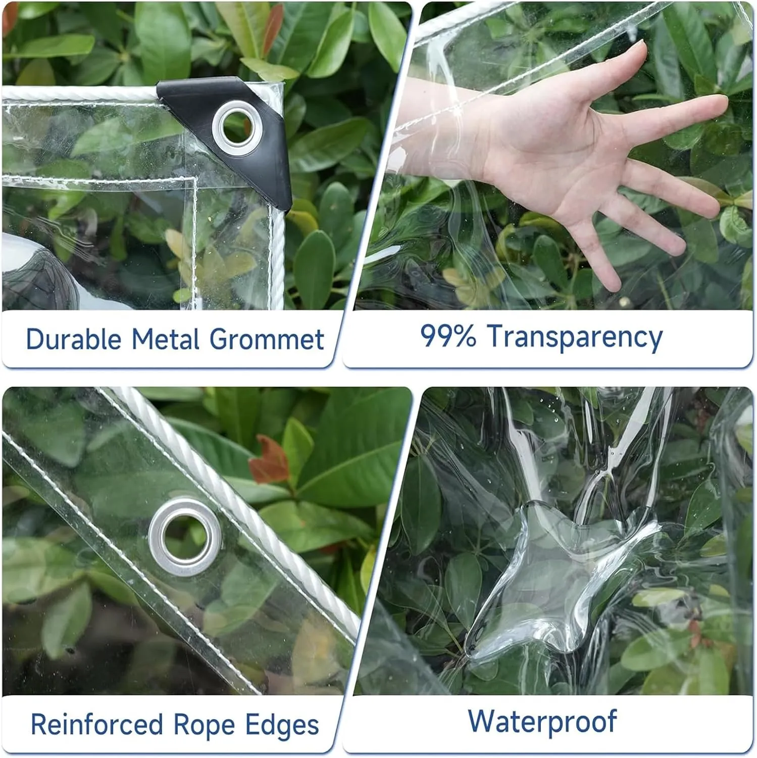 Heavy Duty PVC Waterproof Transparent Tarpaulin Clear Vinyl Tarps Clear Tarp with Grommets for Patio, Porch, Greenhouse, Balcony Garden and Outdoor,2mx2m