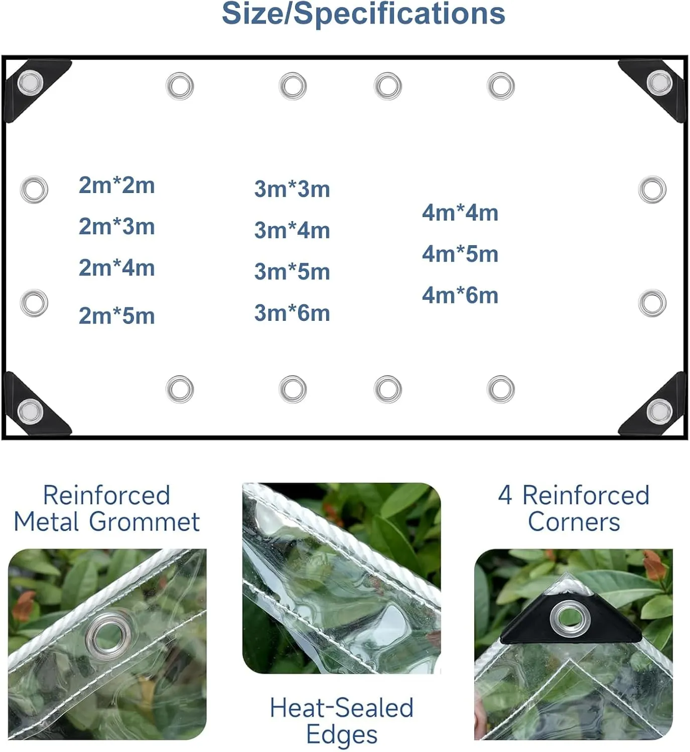 Heavy Duty PVC Waterproof Transparent Tarpaulin Clear Vinyl Tarps Clear Tarp with Grommets for Patio, Porch, Greenhouse, Balcony Garden and Outdoor,2mx2m