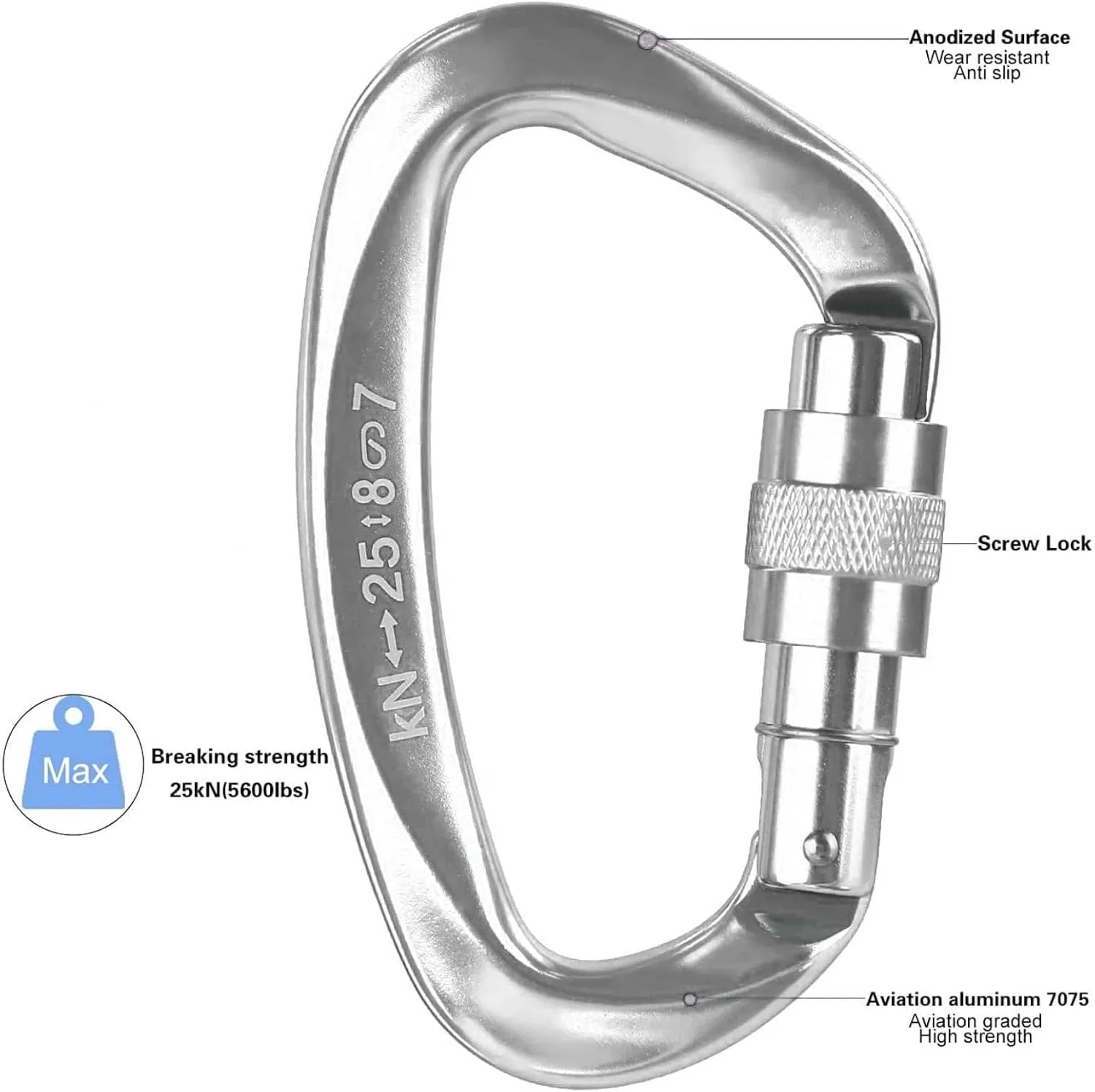 Heavy Duty Screwgate Locking Carabiner D Shape for Rappelling and Mountaineering, 5pcs