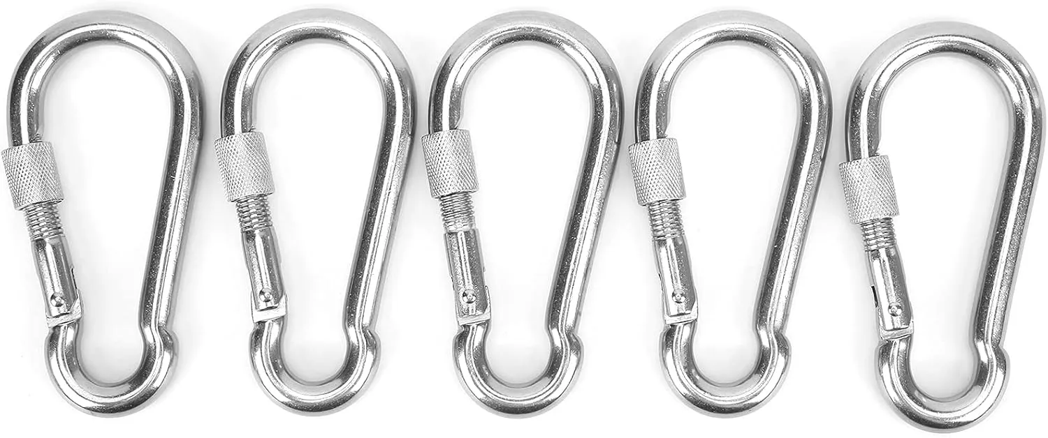 Heavy Duty Stainless Steel Locking Carabiner Clip with Nut Lock Buckle 120mm Spring Snap Hook for Camping Hiking Fishing Backpacks Key Rings 5pcs