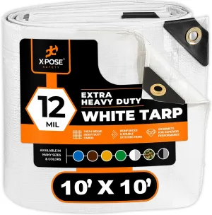 Heavy Duty White Poly Tarp 10' X 10' - Multipurpose Protective Cover - Durable, Waterproof, Weather Proof, Rip and Tear Resistant - Extra Thick 12 Mil Polyethylene - by Xpose Safety