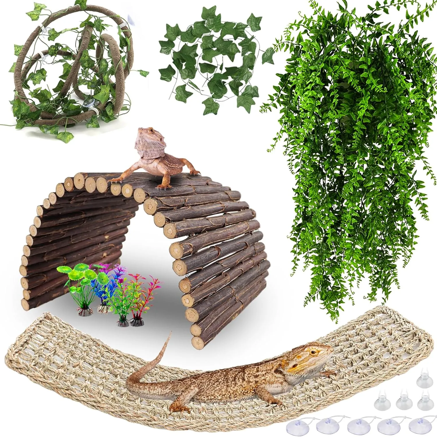 HERCOCCI Bearded Dragon Tank Accessories, Large Reptile Bridge Hammock Flexible - Jungle Climbing Vines and Leaves with Suction Cups Habitat Décor for Hiding& Climbing Snake Gecko Lizard Chameleon