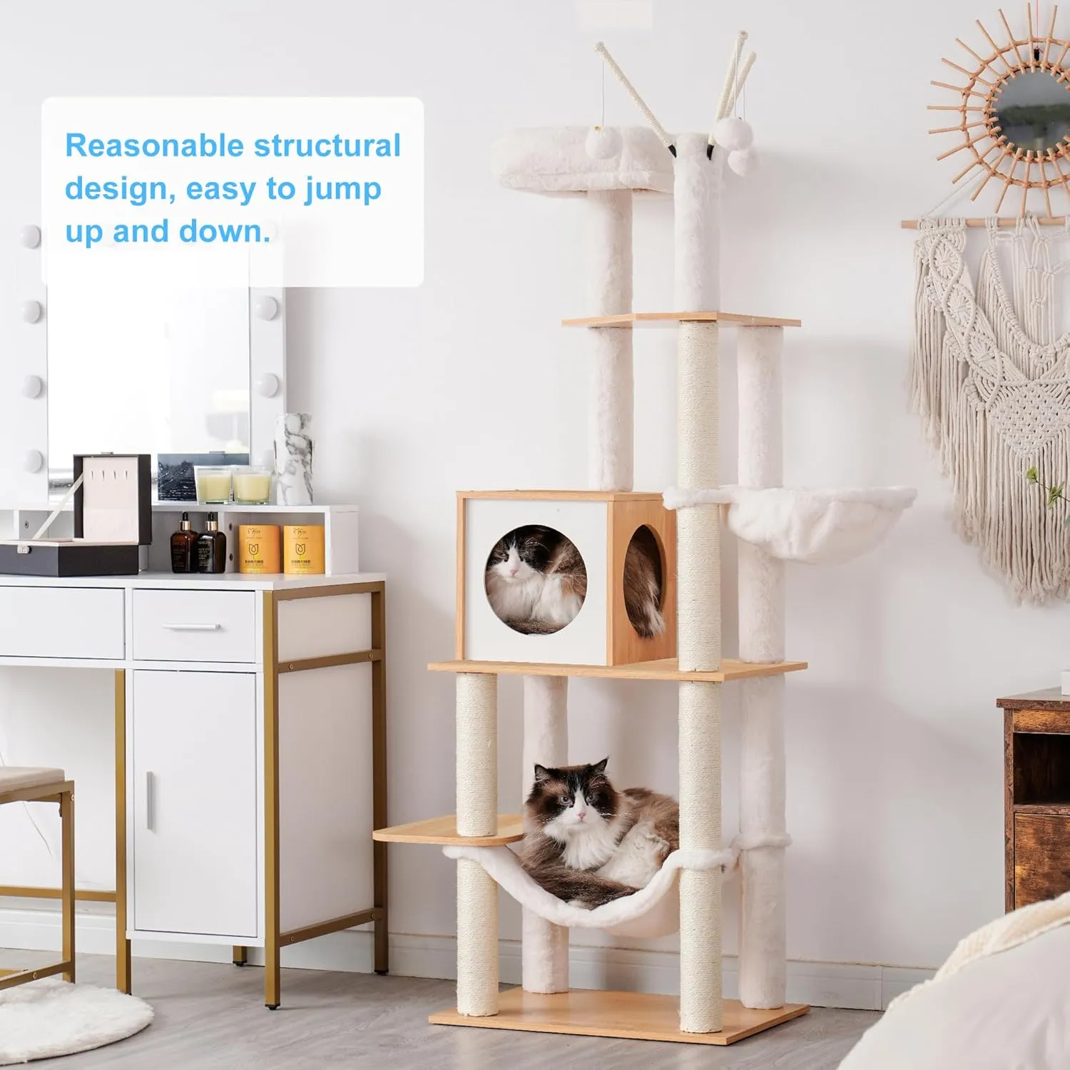 Hey-brother Wooden Cat Tree, 66.1“ Cat Furniture with Scratching Posts, Modern Cat Tower with hammocks, Toys, cat condo, Walnut MPJ120WB
