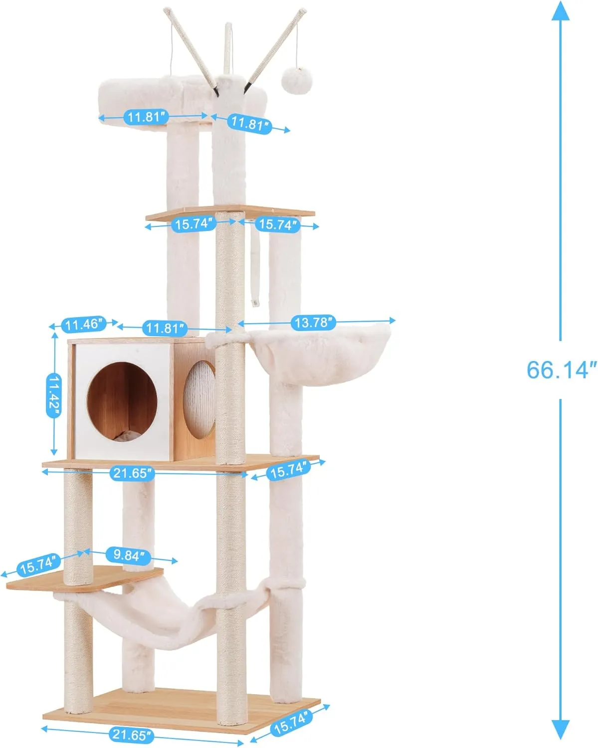 Hey-brother Wooden Cat Tree, 66.1“ Cat Furniture with Scratching Posts, Modern Cat Tower with hammocks, Toys, cat condo, Walnut MPJ120WB