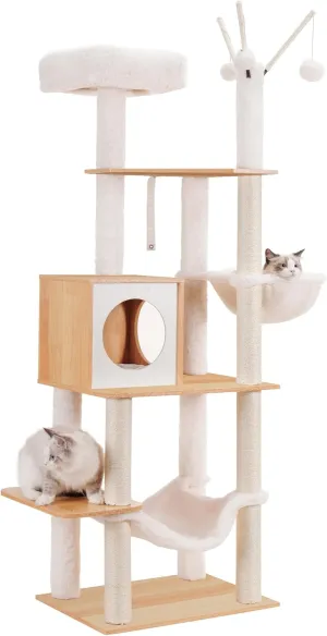 Hey-brother Wooden Cat Tree, 66.1“ Cat Furniture with Scratching Posts, Modern Cat Tower with hammocks, Toys, cat condo, Walnut MPJ120WB
