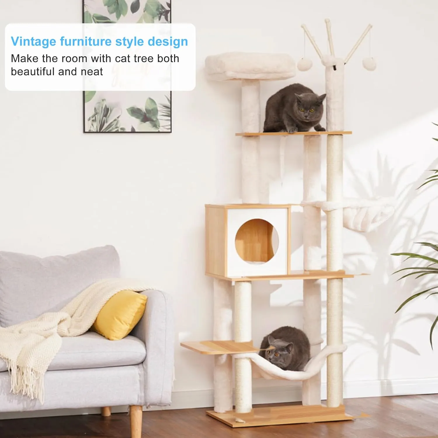Hey-brother Wooden Cat Tree, 66.1“ Cat Furniture with Scratching Posts, Modern Cat Tower with hammocks, Toys, cat condo, Walnut MPJ120WB