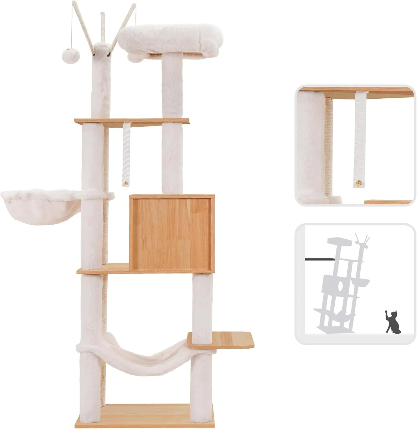 Hey-brother Wooden Cat Tree, 66.1“ Cat Furniture with Scratching Posts, Modern Cat Tower with hammocks, Toys, cat condo, Walnut MPJ120WB