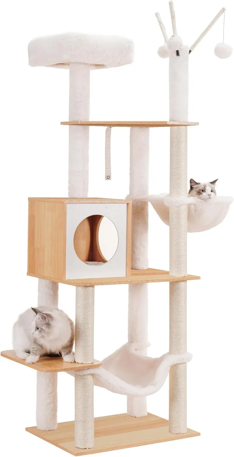 Hey-brother Wooden Cat Tree, 66.1“ Cat Furniture with Scratching Posts, Modern Cat Tower with hammocks, Toys, cat condo, Walnut MPJ120WB