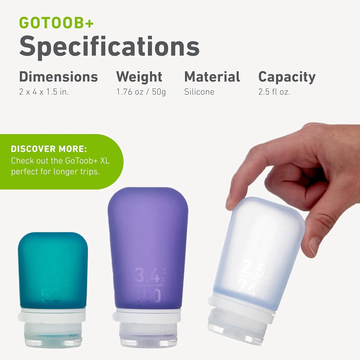 humangear GoToob  (Medium) | Refillable Silicone Travel Bottle | Locking Lid | Food-Safe Material | Green, Medium (2.5 fl.oz.; 74ml)