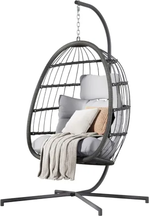 HWB Hanging Egg Chair with Stand, Patio Wicker Hammock Egg Swing Chair with Cushion for Bedroom Garden Indoor Outdoor (Grey)