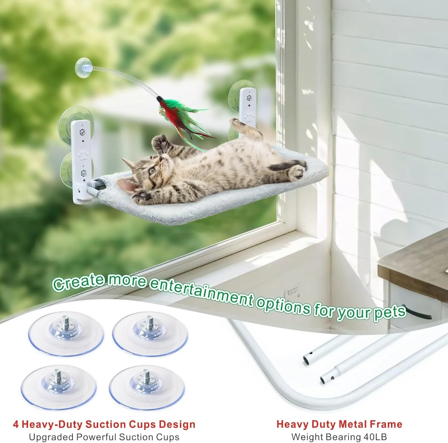 Idepet Cat Window Perch Cordless Foldable Cats Hammock Bed with Interactive Toys,Suction Cups,Reversible Cover Keep Pets Cool Warm for Summer Winter,Indoor Kitten Resting Seat(Gray&Black, 2 Pack)