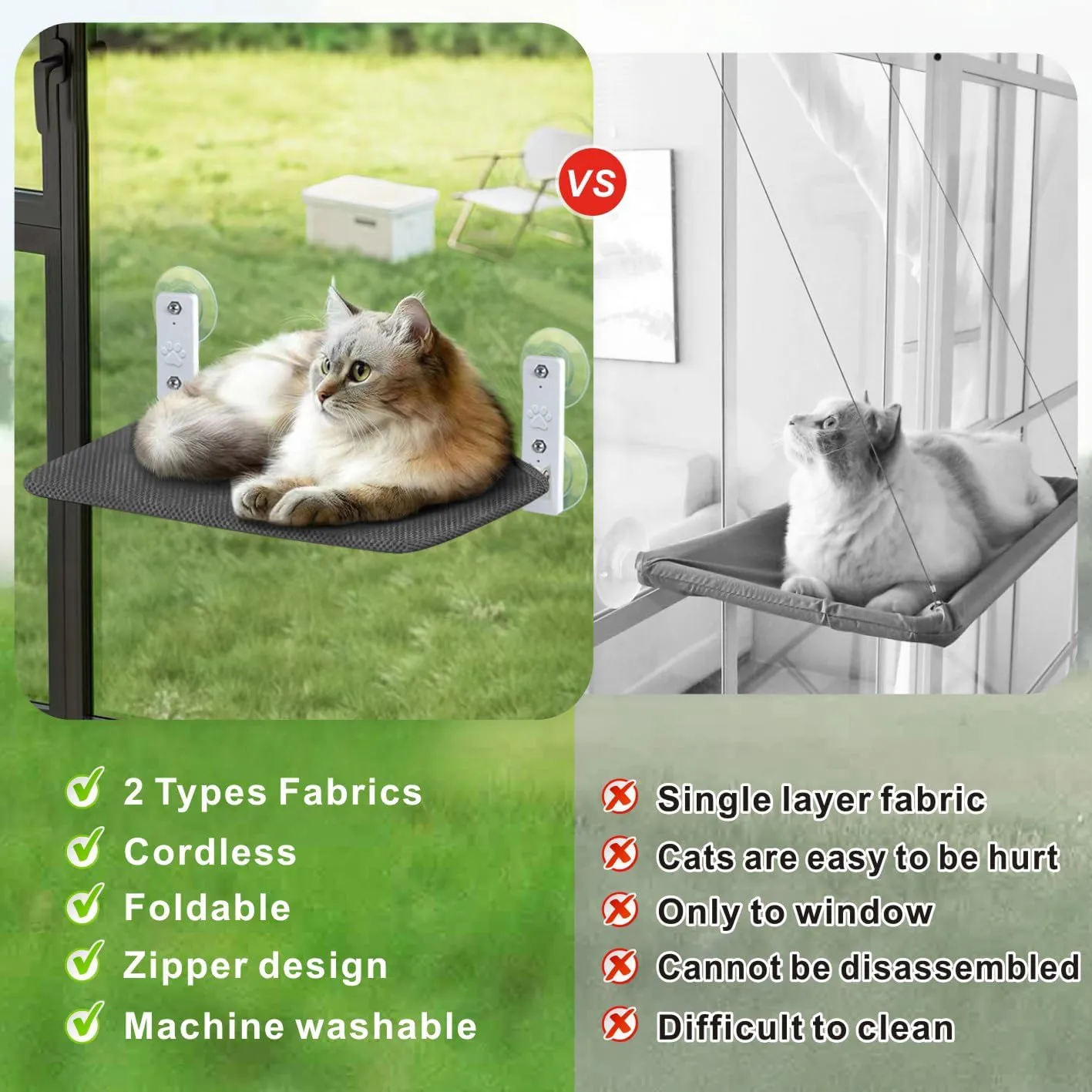 Idepet Cat Window Perch Cordless Foldable Cats Hammock Bed with Interactive Toys,Suction Cups,Reversible Cover Keep Pets Cool Warm for Summer Winter,Indoor Kitten Resting Seat(Gray&Black, 2 Pack)