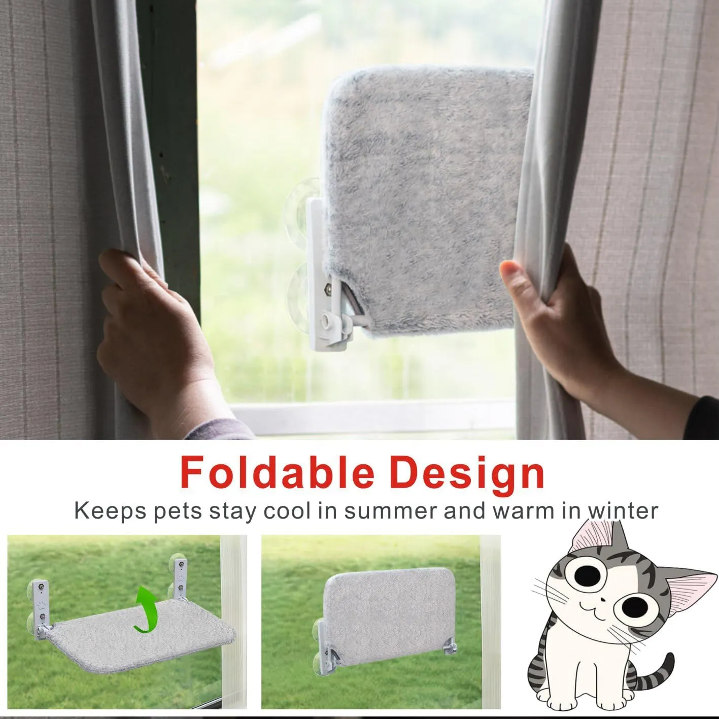 Idepet Cat Window Perch Cordless Foldable Cats Hammock Bed with Interactive Toys,Suction Cups,Reversible Cover Keep Pets Cool Warm for Summer Winter,Indoor Kitten Resting Seat(Gray&Black, 2 Pack)