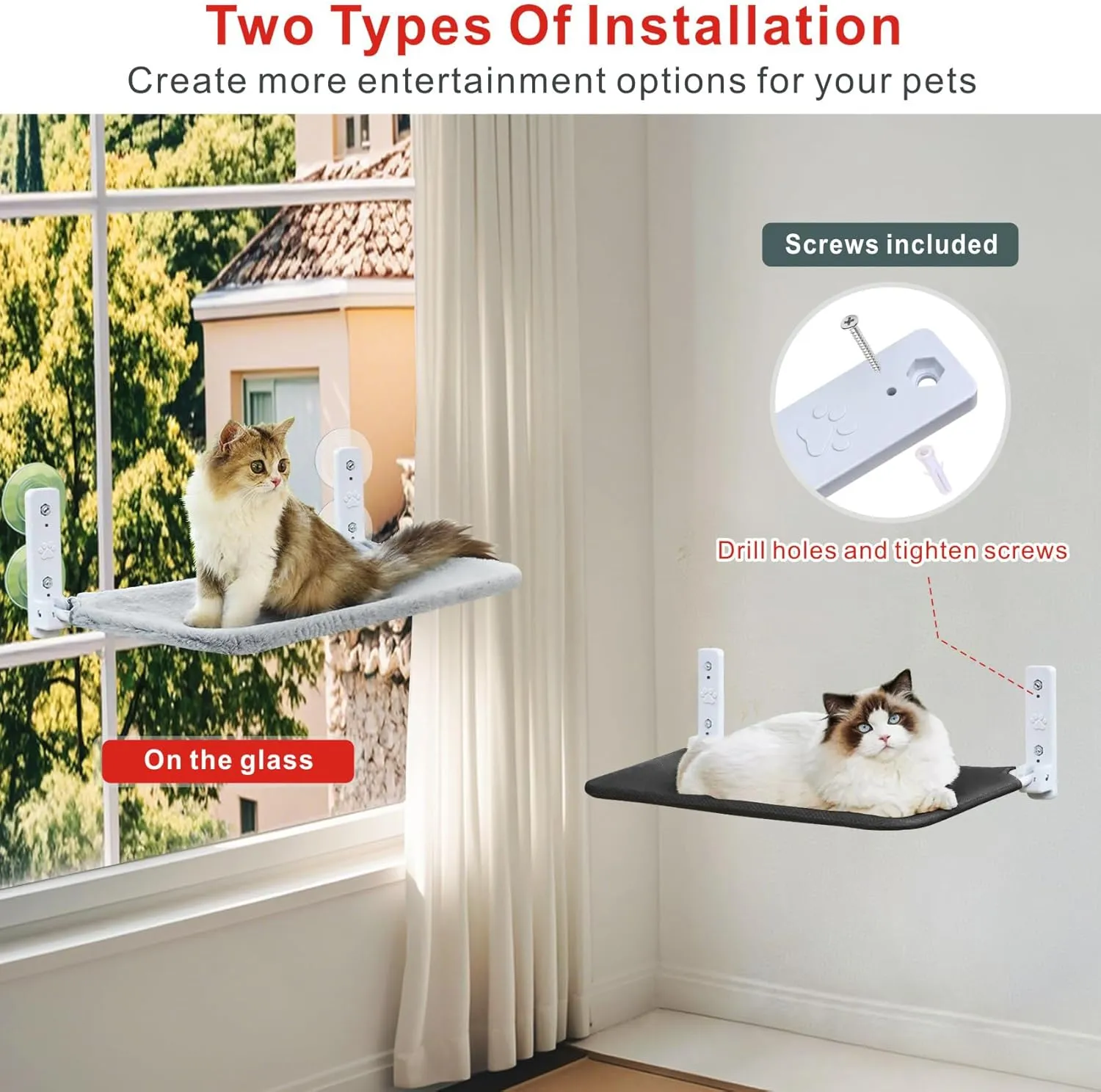Idepet Cat Window Perch Cordless Foldable Cats Hammock Bed with Interactive Toys,Suction Cups,Reversible Cover Keep Pets Cool Warm for Summer Winter,Indoor Kitten Resting Seat(Gray&Black, 2 Pack)
