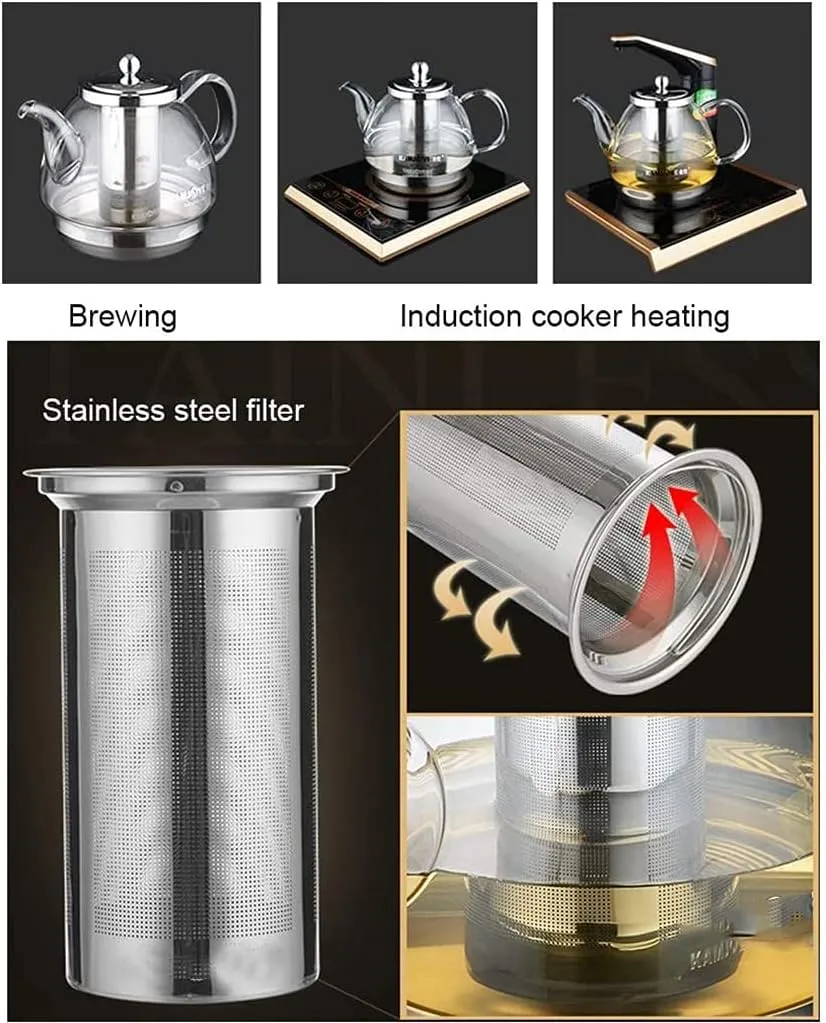 Induction Cooker Special Glass Teapot, Heat Resistant Borosilicate Glass Teapot with Stainless Steel Inner Filter,Tea Kettle Stovetop Clear Glass Flower Teapot B