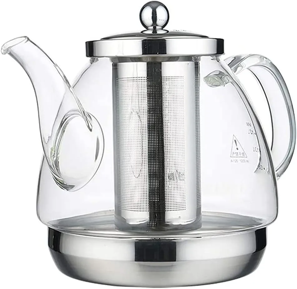 Induction Cooker Special Glass Teapot, Heat Resistant Borosilicate Glass Teapot with Stainless Steel Inner Filter,Tea Kettle Stovetop Clear Glass Flower Teapot B