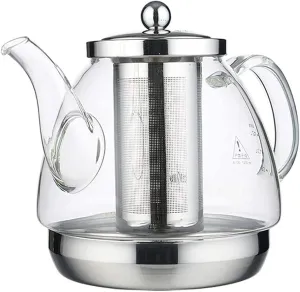 Induction Cooker Special Glass Teapot, Heat Resistant Borosilicate Glass Teapot with Stainless Steel Inner Filter,Tea Kettle Stovetop Clear Glass Flower Teapot B