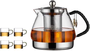 Induction Cooker Special Teapot With Cool Handle, Heat Resistant Borosilicate Glass Teapot With Stainless Steel Inner Filter, Tea Kettle Stovetop Glass Flower (1.4L)