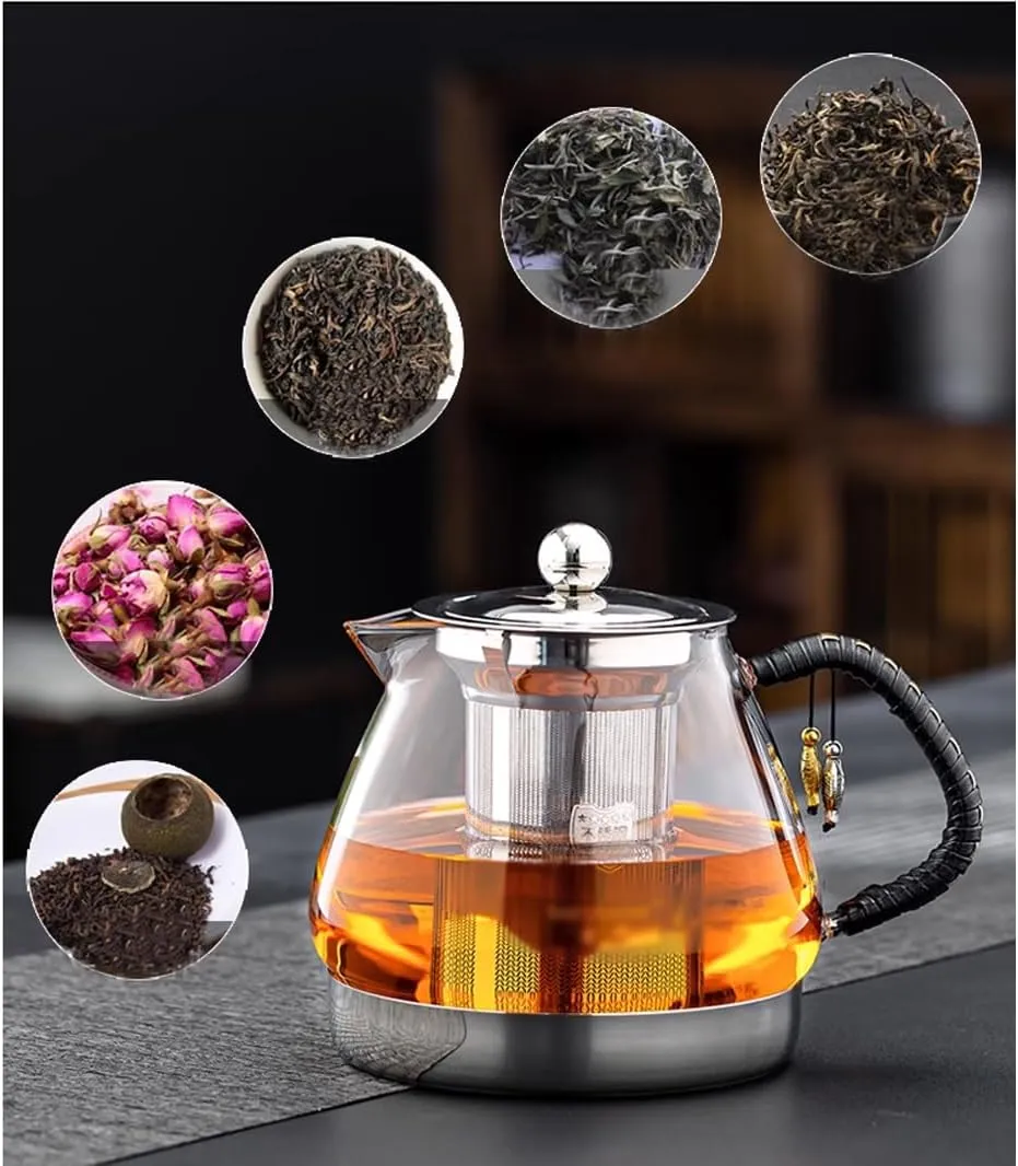Induction Cooker Special Teapot With Cool Handle, Heat Resistant Borosilicate Glass Teapot With Stainless Steel Inner Filter, Tea Kettle Stovetop Glass Flower T A-1.2L