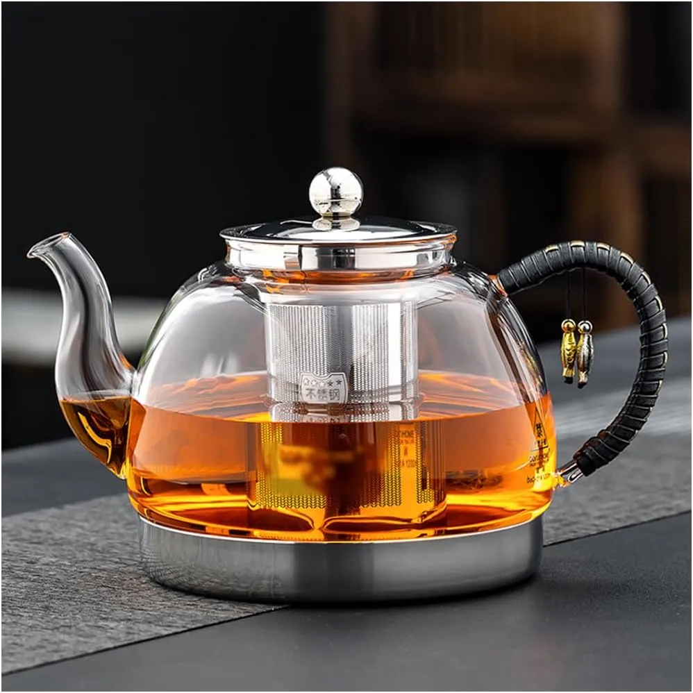 Induction Cooker Special Teapot With Cool Handle, Heat Resistant Borosilicate Glass Teapot With Stainless Steel Inner Filter, Tea Kettle Stovetop Glass Flower T A-1.2L