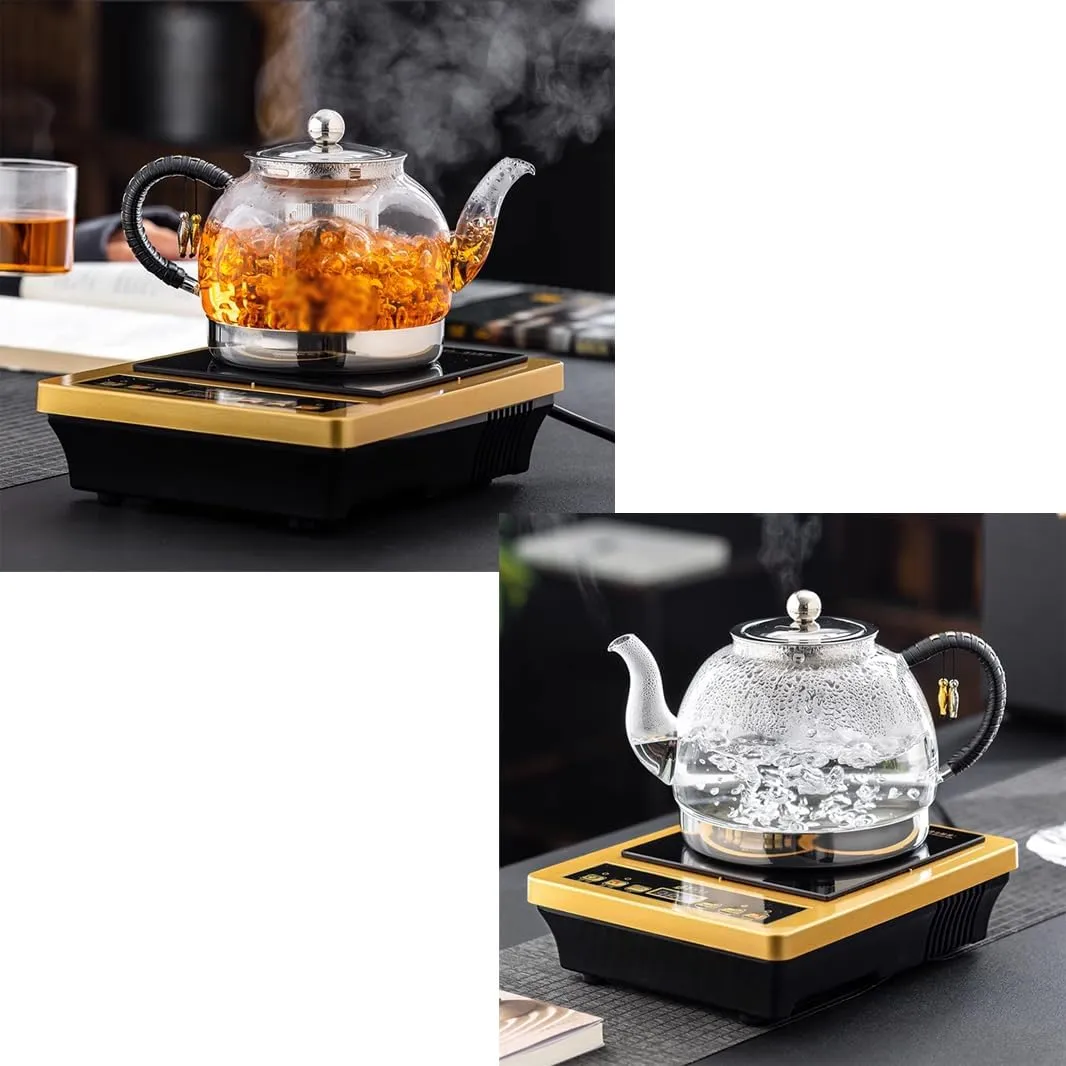 Induction Cooker Special Teapot With Cool Handle, Heat Resistant Borosilicate Glass Teapot With Stainless Steel Inner Filter, Tea Kettle Stovetop Glass Flower T A-1.2L