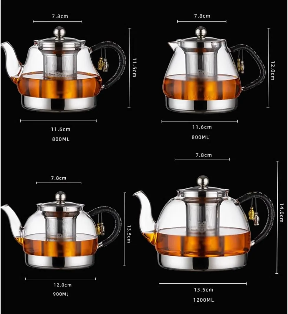 Induction Cooker Special Teapot With Cool Handle, Heat Resistant Borosilicate Glass Teapot With Stainless Steel Inner Filter, Tea Kettle Stovetop Glass Flower T A-1.2L