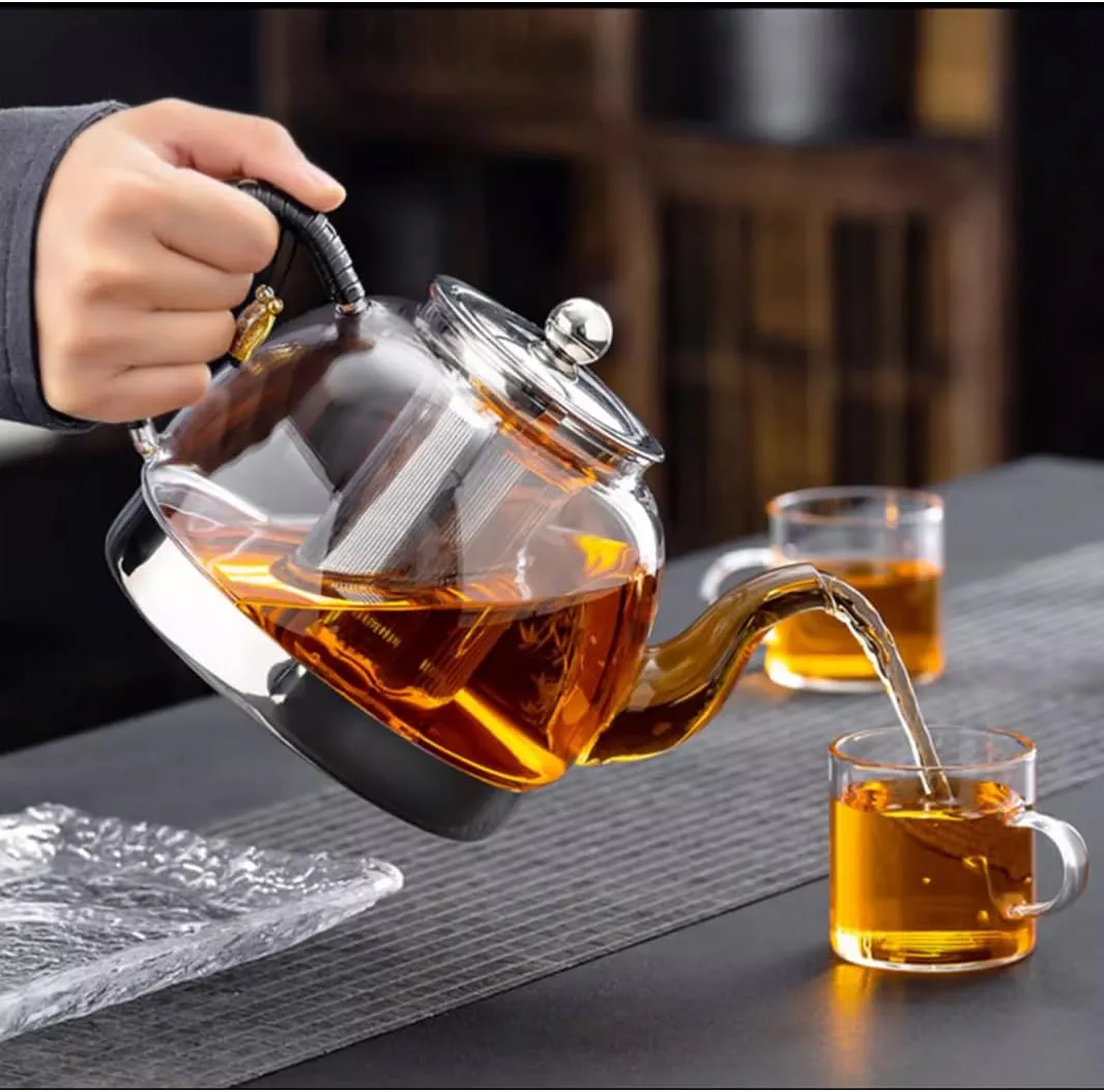 Induction Cooker Special Teapot With Cool Handle, Heat Resistant Borosilicate Glass Teapot With Stainless Steel Inner Filter, Tea Kettle Stovetop Glass Flower T A-1.2L