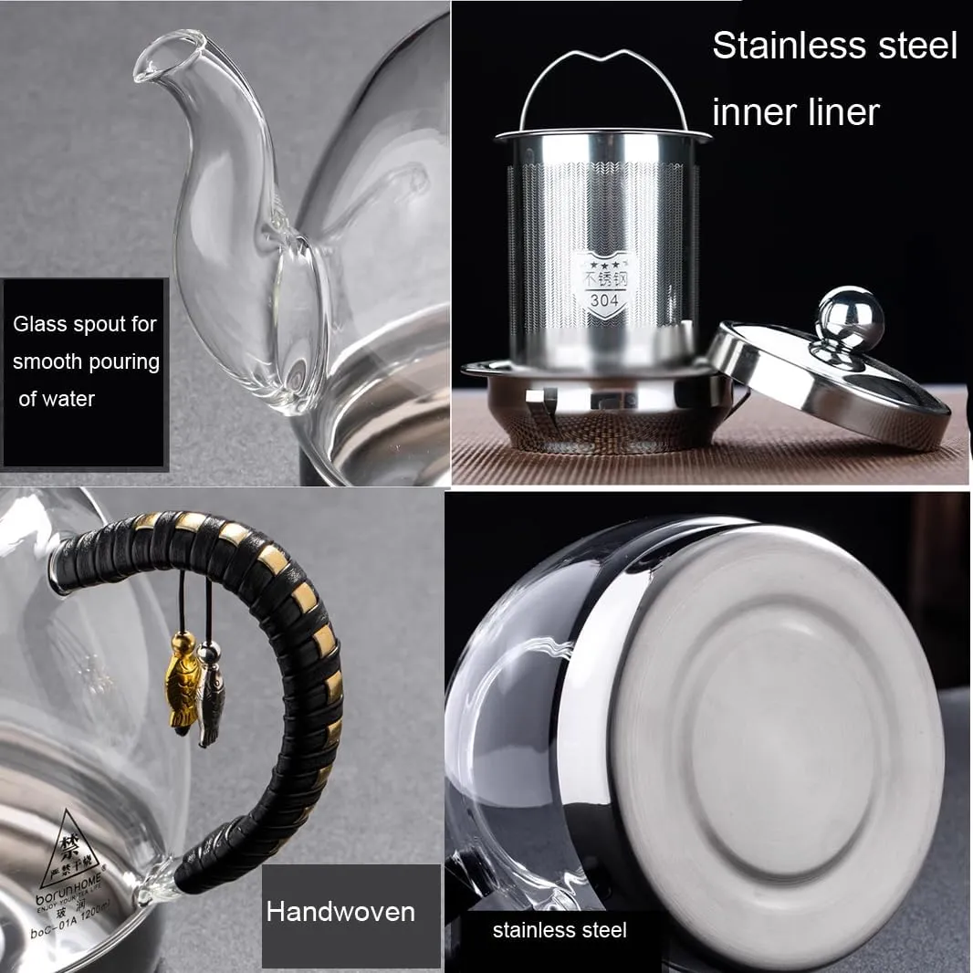 Induction Cooker Special Teapot With Cool Handle, Heat Resistant Borosilicate Glass Teapot With Stainless Steel Inner Filter, Tea Kettle Stovetop Glass Flower T A-1.2L