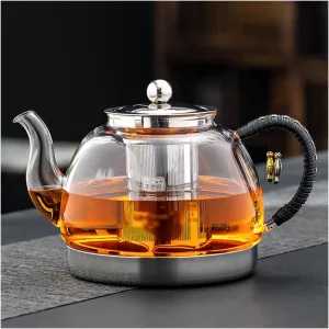 Induction Cooker Special Teapot With Cool Handle, Heat Resistant Borosilicate Glass Teapot With Stainless Steel Inner Filter, Tea Kettle Stovetop Glass Flower T A-1.2L
